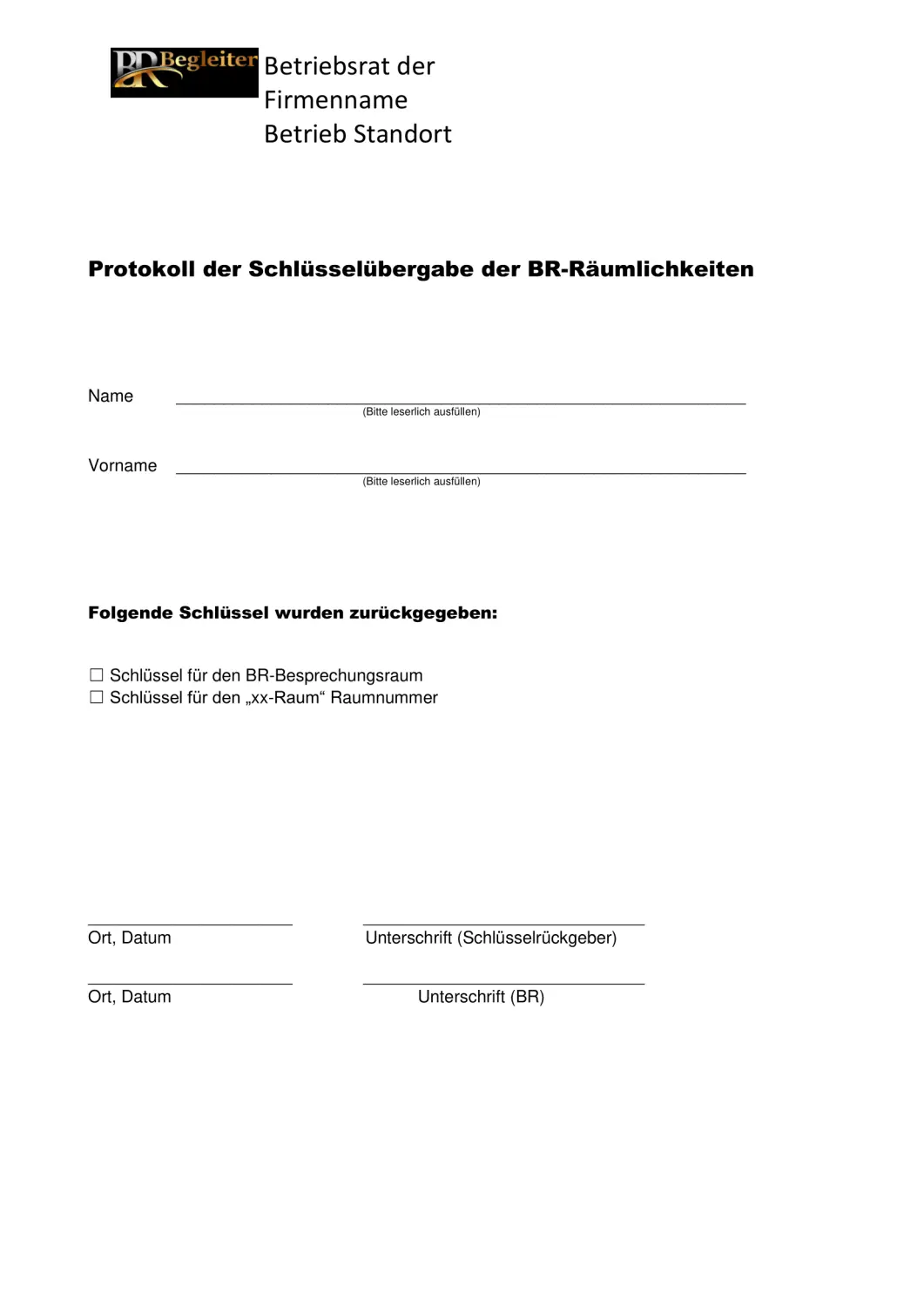 Protokoll Schlüsselrückgabe von BR Begleiter