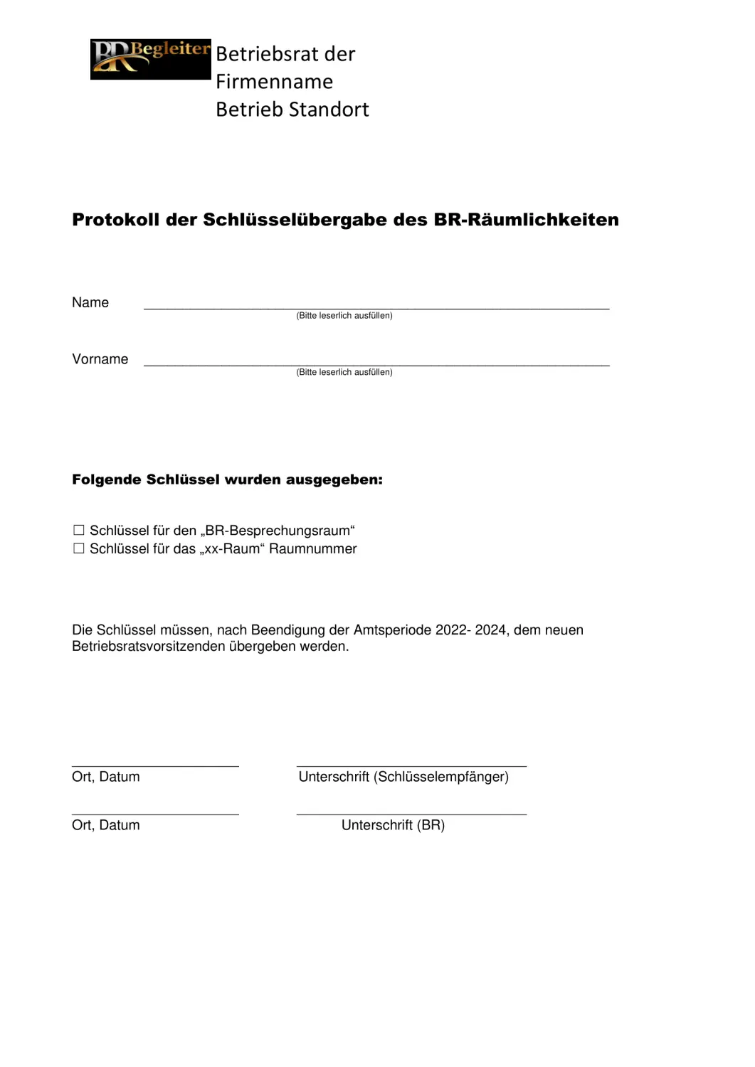 Protokoll Schlüsselrückgabe von BR Begleiter